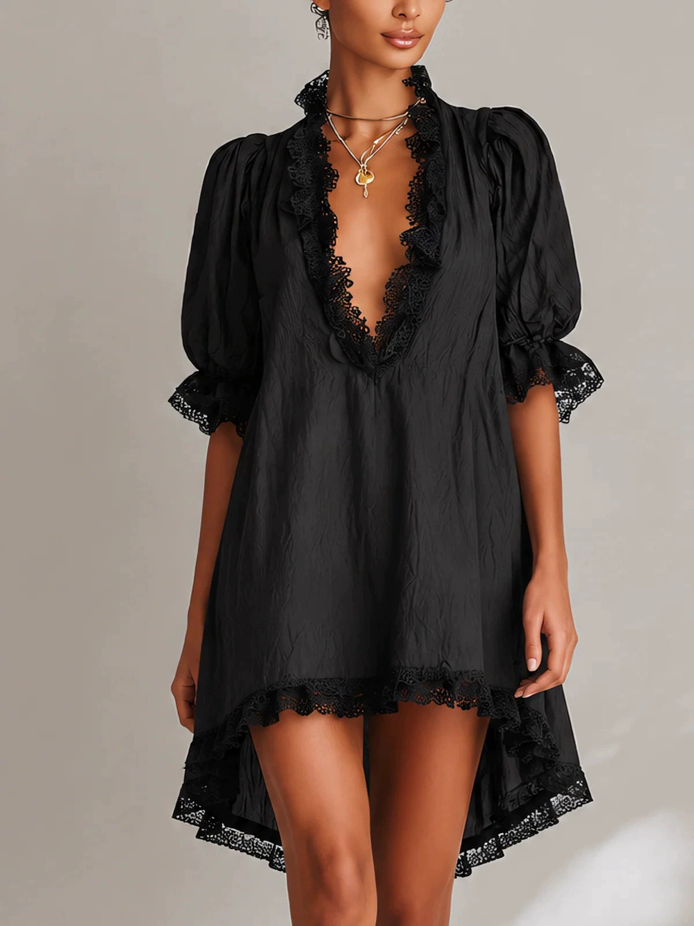 ZARA Linen Flare Sleeve Lace Trim Collar Loose Dress Spring Summer